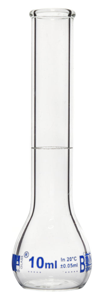 Volumetric Flask, 10ml - Class B - Borosilicate Glass - Blue Graduation, Tolerance ±0.050 - No Stopper, Beaded Rim - Eisco Labs