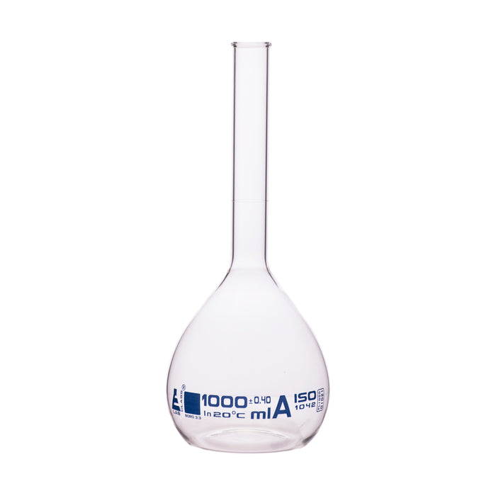 Volumetric Flask, 1000ml - Class A - Borosilicate Glass - Blue Graduation, Tolerance ±0.400 - No Stopper, Beaded Rim - Eisco Labs