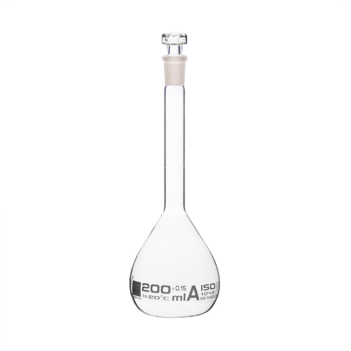 Volumetric Flask, 200ml - Class A - Hexagonal, Hollow Glass Stopper - Single, White Graduation - Eisco Labs