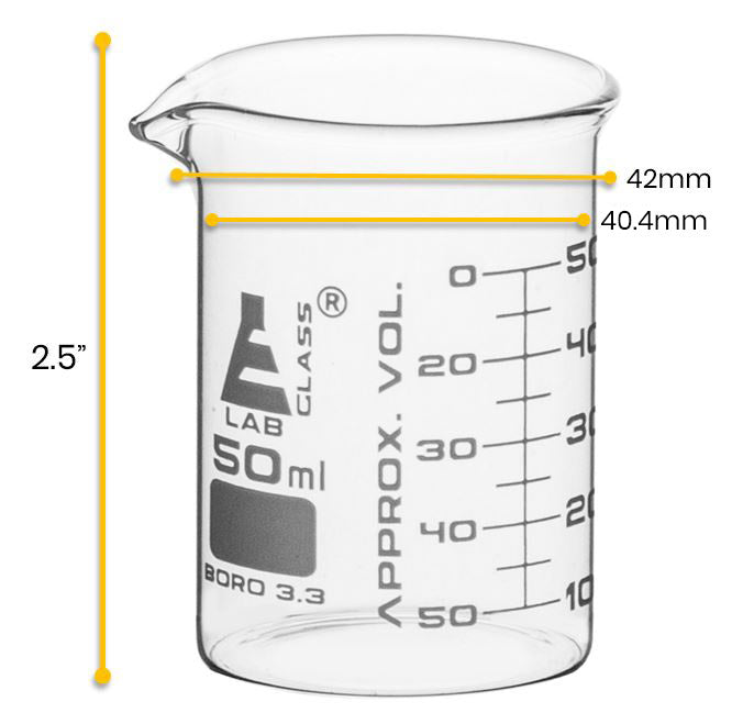Beaker, 50ml - ASTM - Low Form, Dual Scale Graduations - Borosilicate Glass