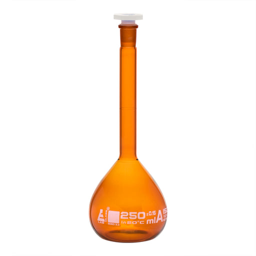 Volumetric Flask, 250ml - Class A - Polypropylene Stopper - Single Graduation Mark - Amber Color Borosilicate Glass