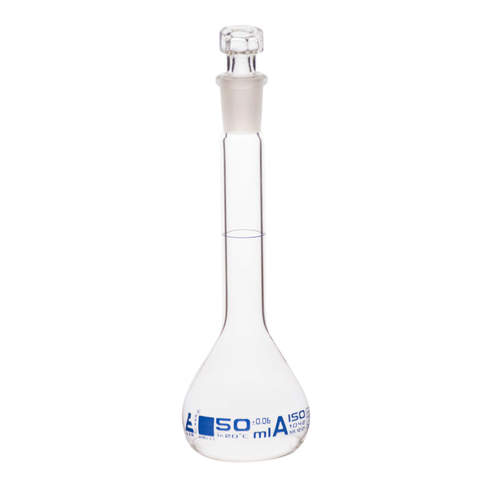 Volumetric Flask, 50ml - Class A - Hexagonal, Hollow Glass Stopper - Single, Blue Graduation - Eisco Labs