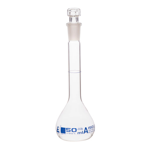 Volumetric Flask, 50ml - Class A - Hexagonal, Hollow Glass Stopper - Single, Blue Graduation - Eisco Labs