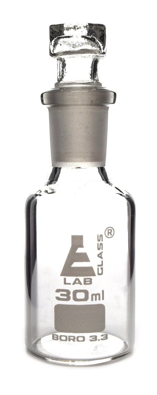 Reagent Bottle, Borosilicate Glass, Narrow Mouth with Interchangeable Hexagonal hollow glass Stopper - 30ml - Eisco Labs