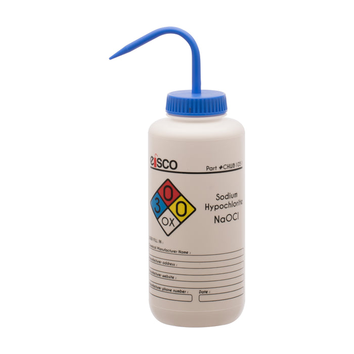 Performance Plastic Wash Bottle,  Sodium Hypochlorite (Bleach), 1000 ml - Labeled (4 Color)