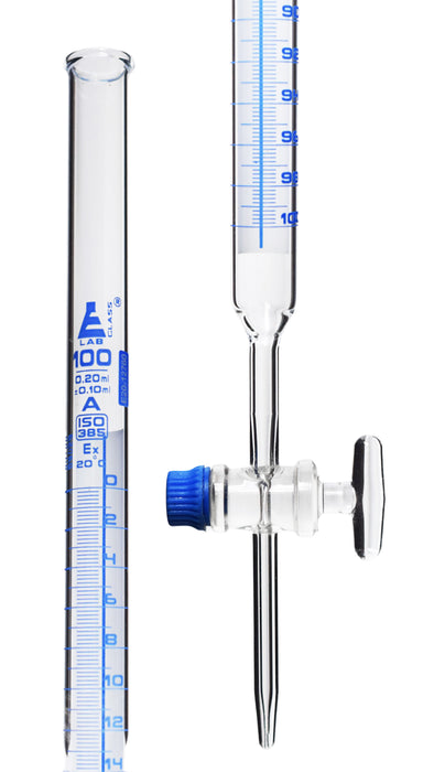 Schellbach Burette, 100mL - Class A, Includes Calibration Certificate - Glass Stopcock - Blue Graduations - Borosilicate Glass