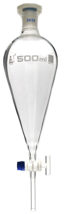 Squibb Separating Funnel, 500ml - 24/29 Plastic Stopper, Glass Key Stopcock, Ungraduated - Borosilicate Glass - Eisco Labs