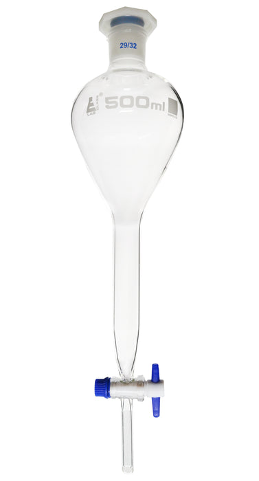 Gilson Separating Funnel, 500ml - PTFE Key Stopcock - Plastic Stopper, Socket Size 29/32 - Borosilicate Glass - Eisco Labs