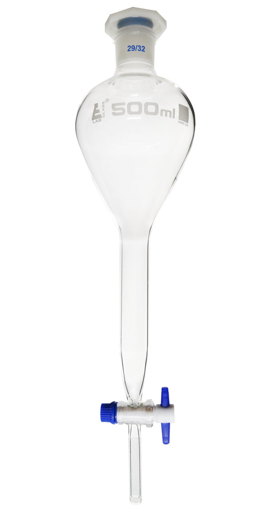 Gilson Separating Funnel, 500ml - PTFE Key Stopcock - Plastic Stopper, Socket Size 29/32 - Borosilicate Glass - Eisco Labs