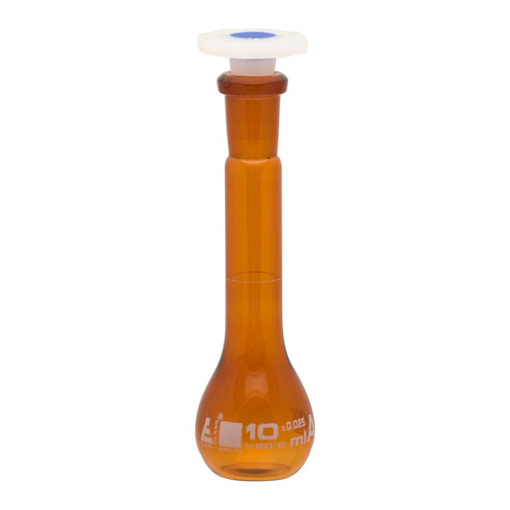 Volumetric Flask, 10ml - Class A - Polypropylene Stopper - Single Graduation Mark - Amber Color Borosilicate Glass