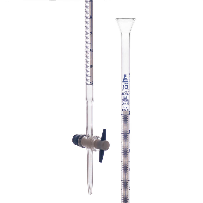Schellbach Burette, 10mL - Class B - PTFE Stopcock - Blue Graduations - Borosilicate Glass