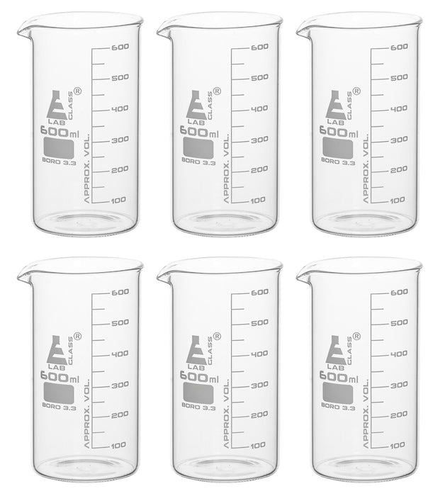 6PK Beakers, 600ml - Tall Form - Graduated - Borosilicate Glass