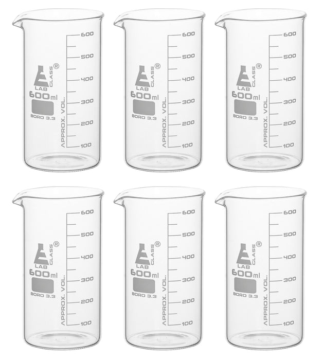 6PK Beakers, 600ml - Tall Form - Graduated - Borosilicate Glass