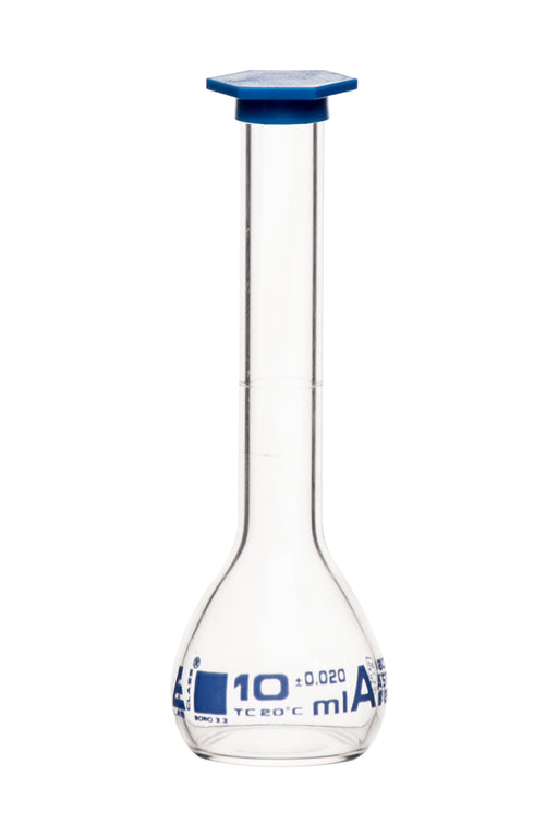 Volumetric Flask, 10ml - Class A, ASTM - Snap Cap - Blue Graduation Mark, Tolerance ±0.020ml - Borosilicate Glass - Eisco Labs