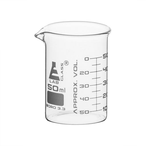 12PK Beakers, 50ml - ASTM - Low Form with Spout - Dual Scale, White Graduations - Borosilicate 3.3 Glass - Eisco Labs