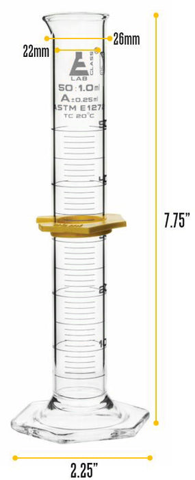 Graduated Cylinder, 50ml - Class A - White Graduations, Hexagonal Base