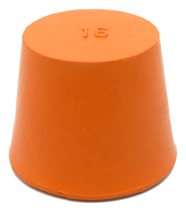 Rubber Stopper, Solid - Orange - Pack of 10 - Size: 28mm Bottom, 35mm Top, 36mm Length - Resistant to Acid, Alkali and Ammonia - Eisco Labs