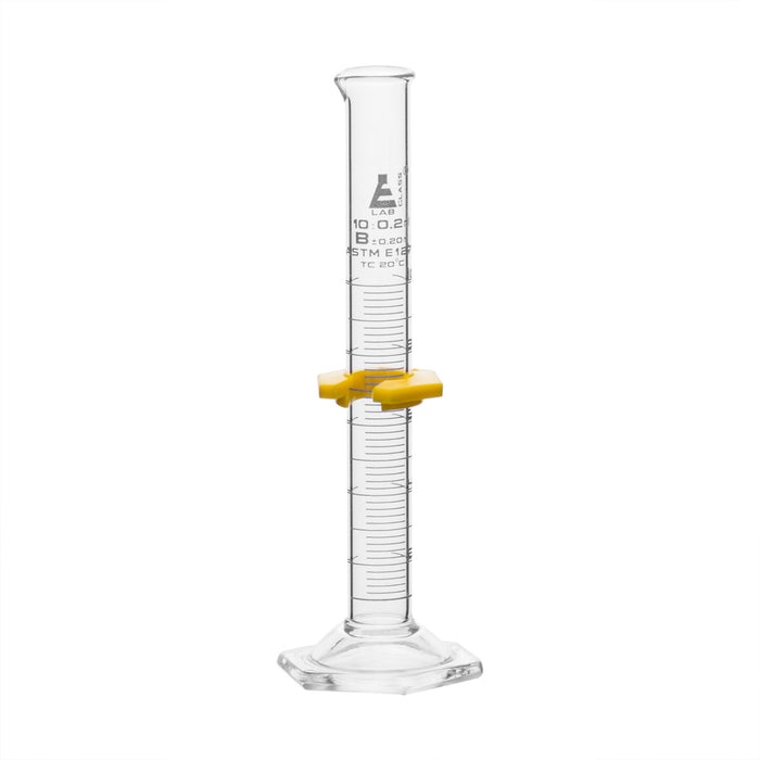 Measuring Cylinder, 10ml - ASTM, Class B Tolerance ±0.20ml - Protective Collar, Hexagonal Base - White Graduations - Borosilicate 3.3 Glass - Eisco Labs
