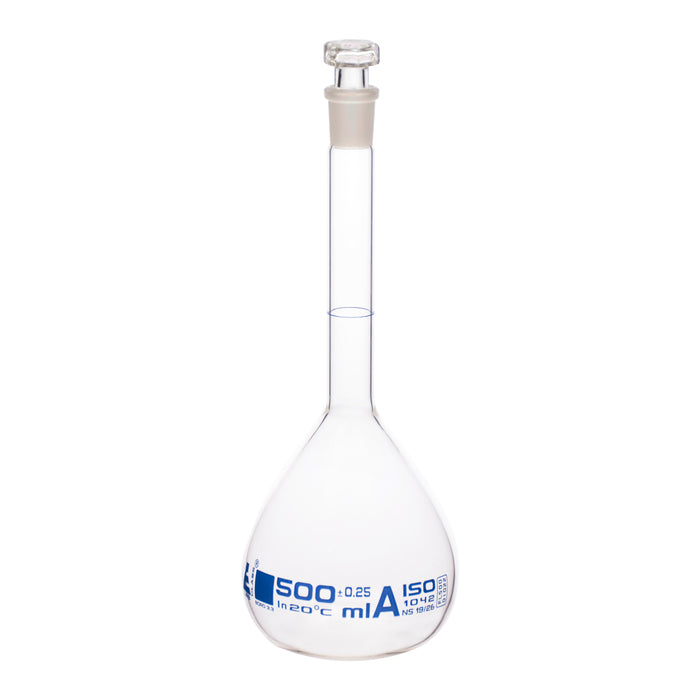 Volumetric Flask, 500ml - Class A - Hexagonal, Hollow Glass Stopper - Single, Blue Graduation - Eisco Labs