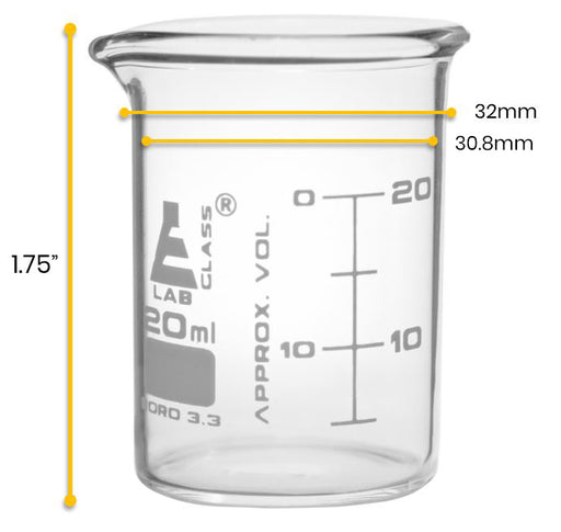 Beaker, 20mL - ASTM - Low Form with Spout - Dual Scale, White Graduations - Borosilicate Glass