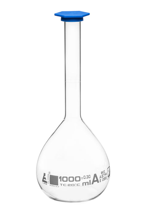 Volumetric Flask, 1000ml - Class A, ASTM - Snap Cap - White Graduation Mark, Tolerance ±0.300ml - Eisco Labs