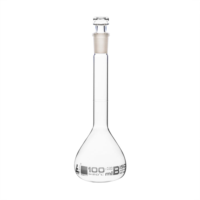 Volumetric Flask, 100ml - Class B - Hexagonal, Hollow Glass Stopper - Single, White Graduation - Eisco Labs