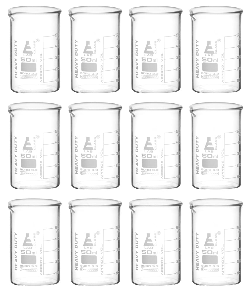 12PK Heavy Duty Beakers, 50ml - 5mm Thick, Uniform Walls - Superior Durability & Chemical Resistance - White Graduations - Borosilicate 3.3 Glass - Eisco Labs