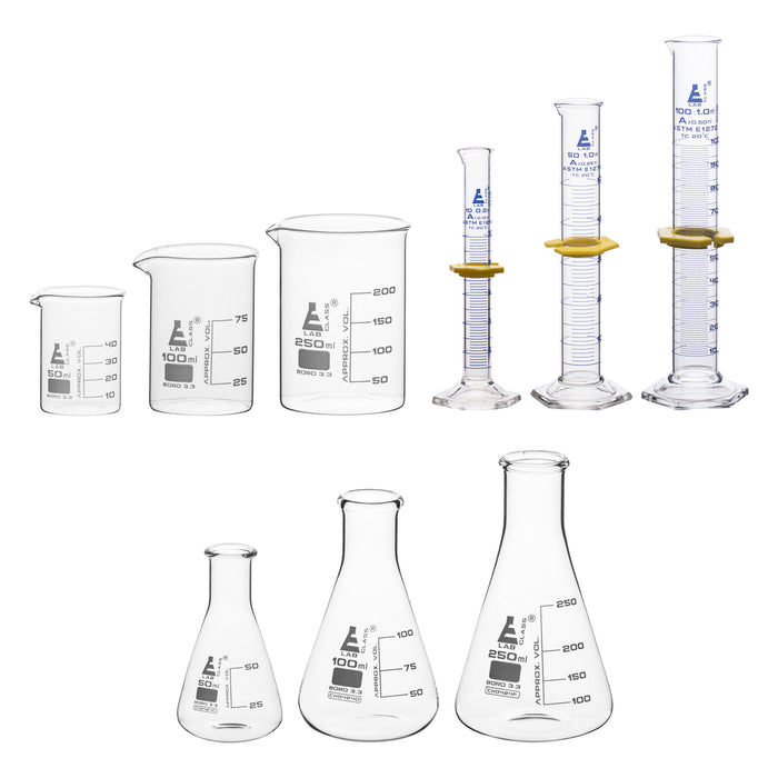 Safety Pack Mixed Glassware Set, 9 Pieces - Includes 3 Beakers, 3 Erlenmeyer Flasks & 3 ASTM, Class A Measuring Cylinders - Borosilicate 3.3 Glass