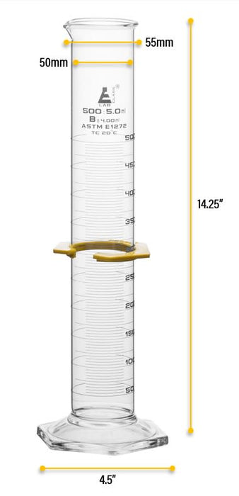 Graduated Cylinder, 500ml - Class A - White Graduations, Hexagonal Base