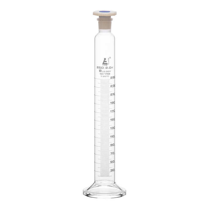 Measuring Cylinder, 250ml - Class B - 24/29 Polypropylene Stopper - Round Base, White Graduations - Borosilicate Glass - Eisco Labs