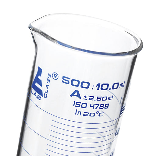 Measuring Cylinder, 500ml - Class A, Tolerance: ±2.50ml - Squat Form, Blue Graduations - Borosilicate Glass - Eisco Labs