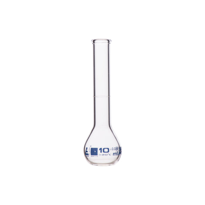 Volumetric Flask, 10ml - Class A - Borosilicate Glass - Blue Graduation, Tolerance ±0.025 - No Stopper, Beaded Rim - Eisco Labs