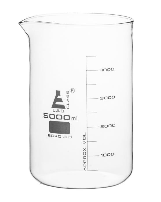 Beaker, 5000ml - Borosilicate Glass, Low Form - White Graduations - 500ml Graduations