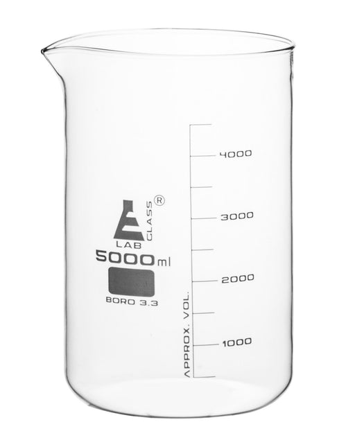 Beaker, 5000ml - Borosilicate Glass, Low Form - White Graduations - 500ml Graduations