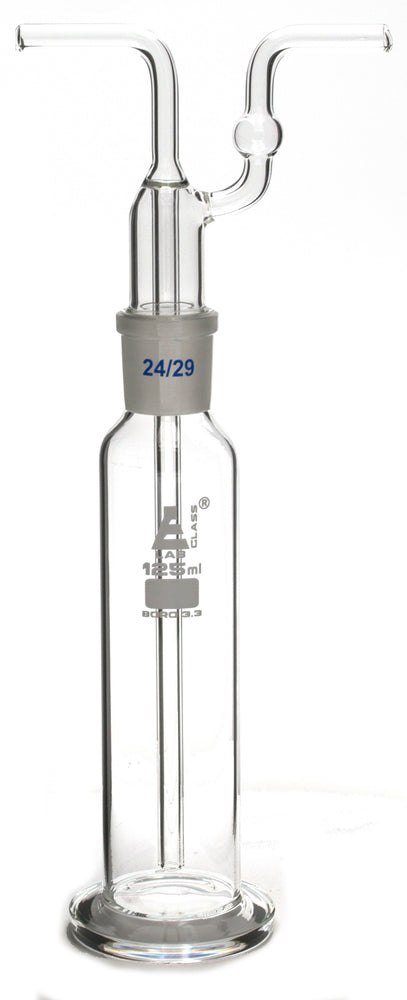 125mL Drecshel's Bottle for Gas Washing, Interchangeable Joint Head 24/29, Borosilicate 3.3 Glass - Eisco Labs