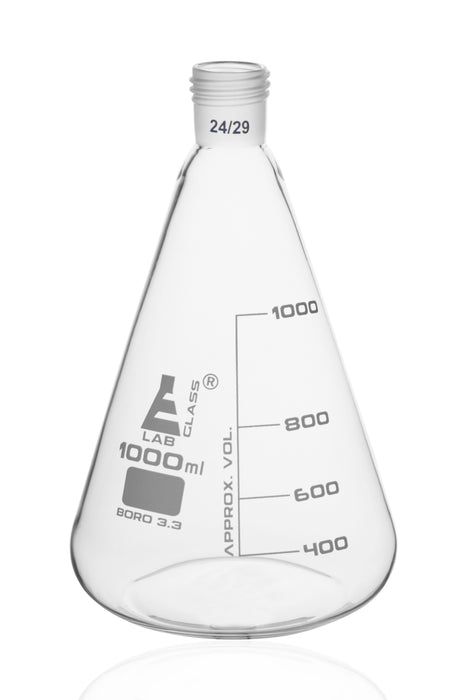 Erlenmeyer Flask with 24/29 Joint, 1000ml - 200ml White Graduations - Interchangeable Screw Thread Joint - Borosilicate Glass - Eisco Labs