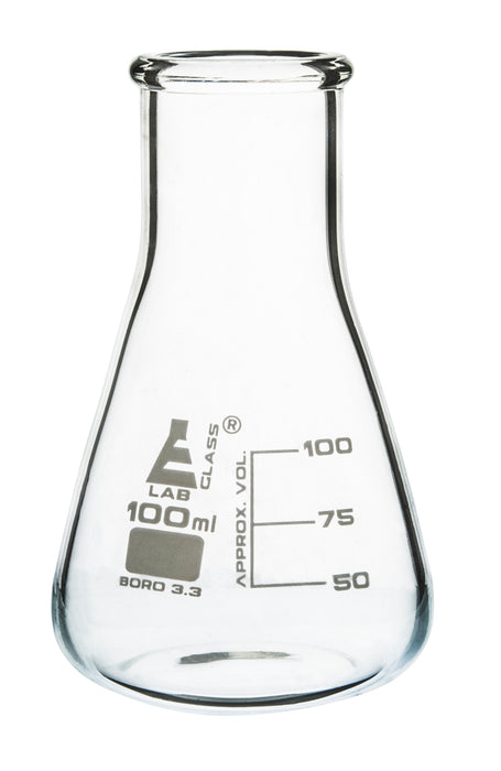 Erlenmeyer Flask, 100ml - Borosilicate Glass - Wide Neck, Conical Shape - White Graduations - Eisco Labs