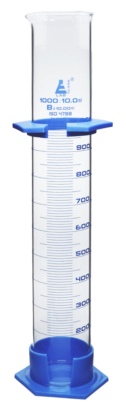 (Discontinued) Measuring Cylinder, 1000ml - Class B - Detachable, Plastic Hexagonal Base & Protective Collar - Blue Graduations - Borosilicate Glass - Eisco Labs