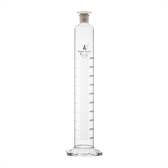 Measuring Cylinder, 1000ml - Class B - 29/32 Polypropylene Stopper - Hexagonal Base, White Graduations - Borosilicate Glass - Eisco Labs