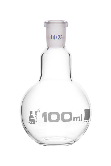Florence Boiling Flask, 100ml - 14/23 Joint, Interchangeable - Borosilicate Glass - Flat Bottom, Short Neck - Eisco Labs