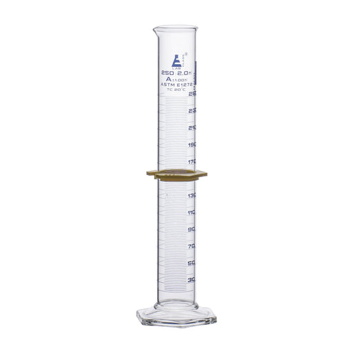 Measuring Cylinder, 250ml - ASTM, Class A - Tolerance ±1.00ml - Protective Collar, Hexagonal Base - Blue Graduations - With Individual Work Certificate - Borosilicate 3.3 Glass
