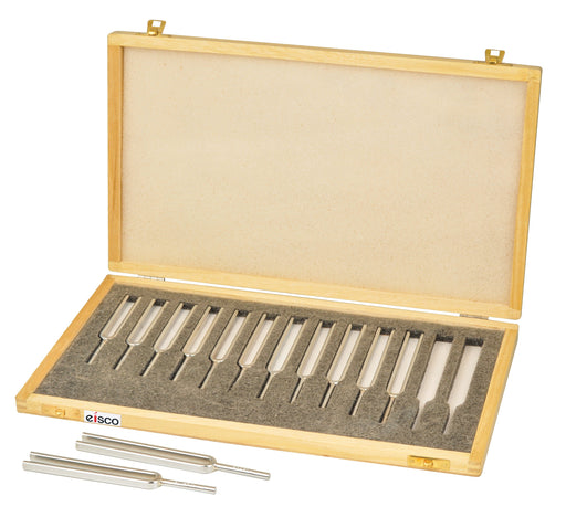 Steel Tuning Fork Set - Set of 13 - In Wooden Case, Designed for Physics experimentation - Eisco Labs