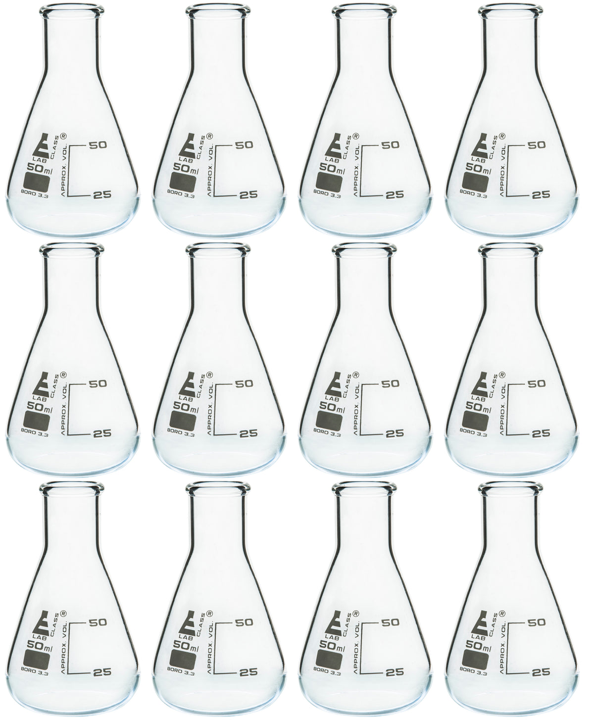 12PK Erlenmeyer Flasks, 50mL Narrow Neck Borosilicate Glass — Eisco