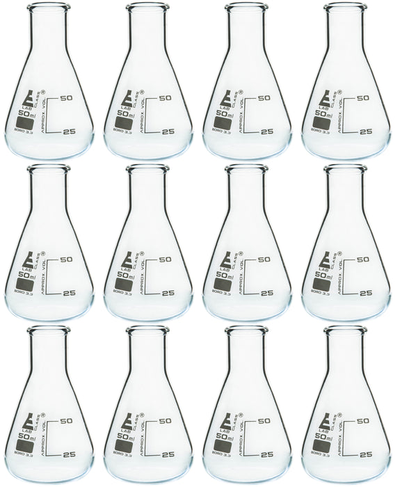 12PK Erlenmeyer Flasks, 50mL - Narrow Neck - Borosilicate Glass