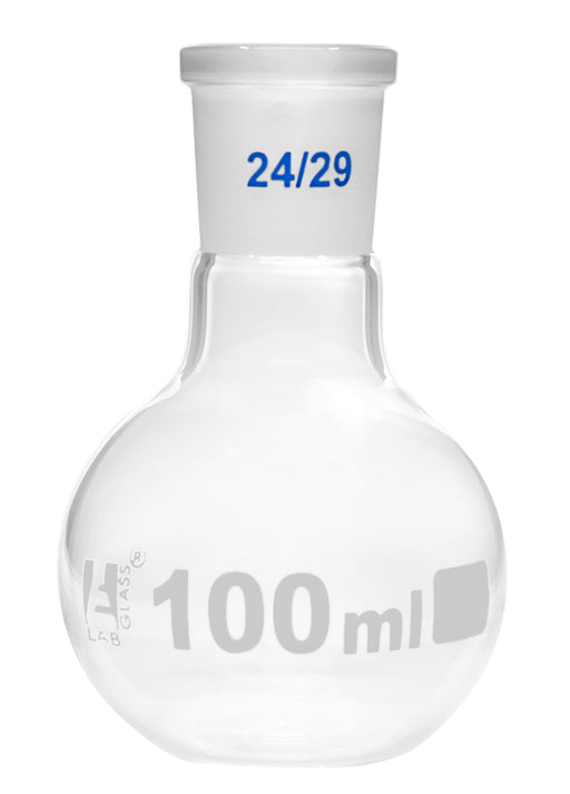 Florence Boiling Flask, 100ml - 24/29 Joint, Interchangeable - Borosilicate Glass - Flat Bottom, Short Neck - Eisco Labs