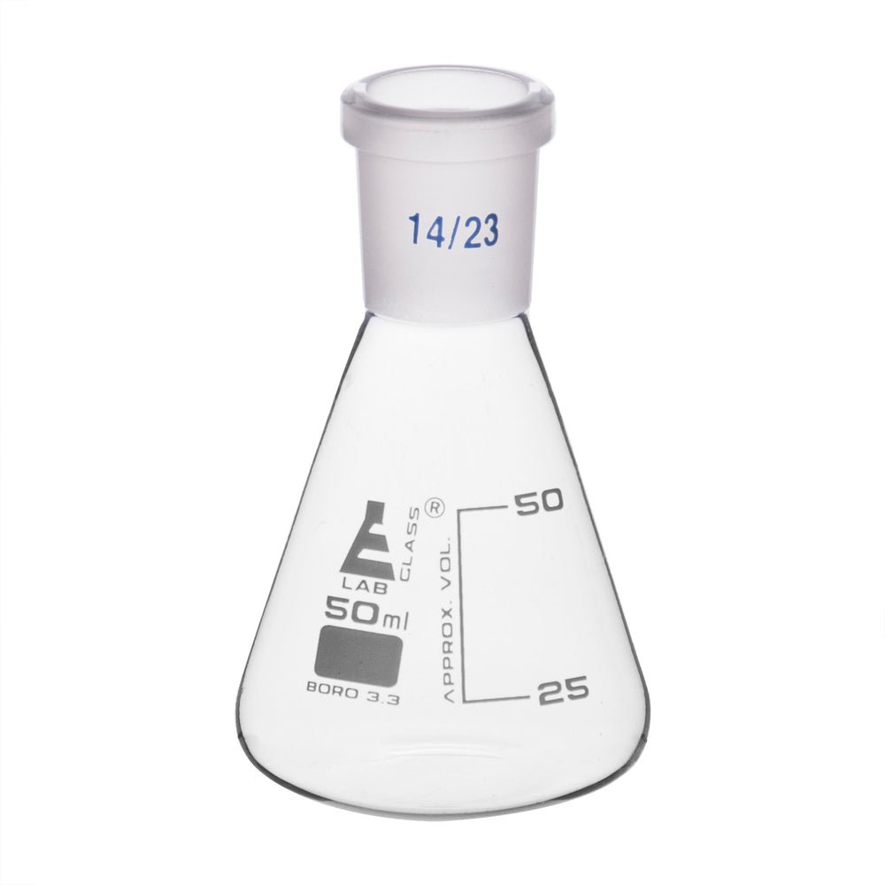 Erlenmeyer Flask, 50ml - 14/23 Joint, Interchangeable - Borosilicate Glass - Conical Shape, Narrow Neck - Eisco Labs