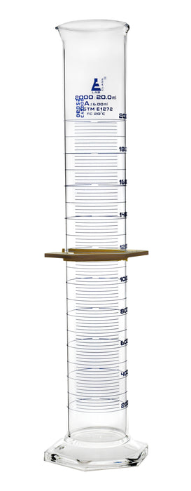Measuring Cylinder, 2000ml - ASTM, Class A Tolerance ±6.00ml - Protective Collar, Hexagonal Base - Blue Graduations - Borosilicate 3.3 Glass - Eisco Labs