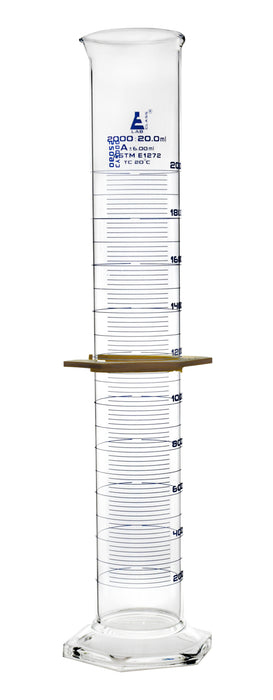 Measuring Cylinder, 2000ml - ASTM, Class A Tolerance ±6.00ml - Protective Collar, Hexagonal Base - Blue Graduations - Borosilicate 3.3 Glass - Eisco Labs