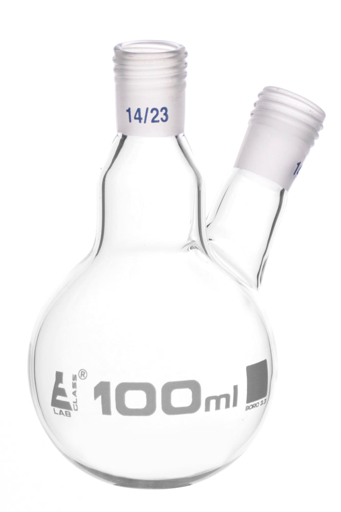 Distillation Flask with 2 Necks, 100ml Capacity, 14/23 Joint Size, Interchangeable Screw Thread Joints, Borosilicate Glass - Eisco Labs