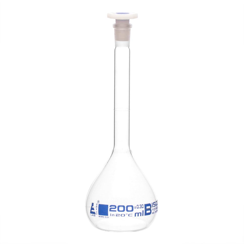Volumetric Flask, 200ml - Class B - 14/23 Polyethylene Stopper, Borosilicate Glass - Blue Graduation, Tolerance ±0.300 - Eisco Labs